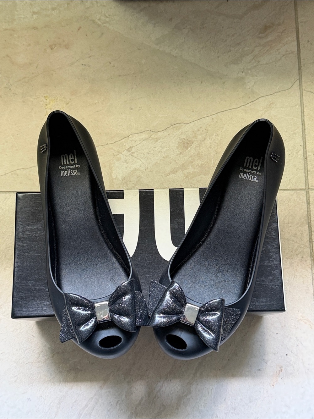Melissa Black Peep-Toe Flats with Glitter Bow